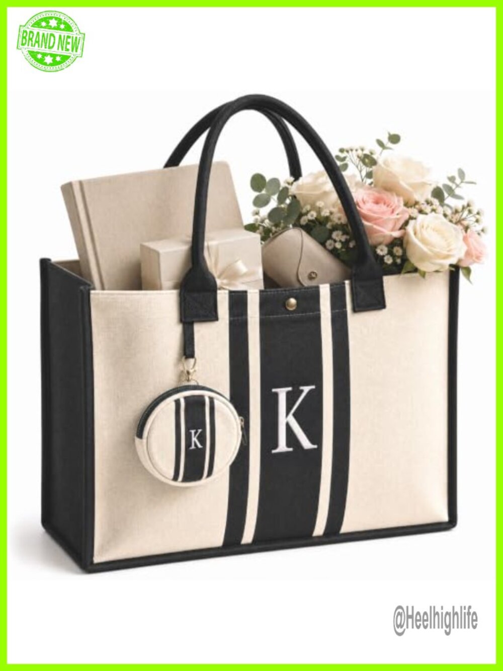Personalized Canvas Tote Bag with Monogram Letter – Large Travel Bag for Women